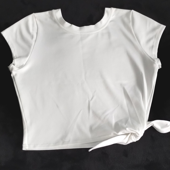 Bombshell Mesh Tee White with Black Logo & Side Tie - Picture 5 of 11